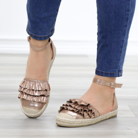 Shoes - Sparkly Champagne Espadrille Ruffle Sandals